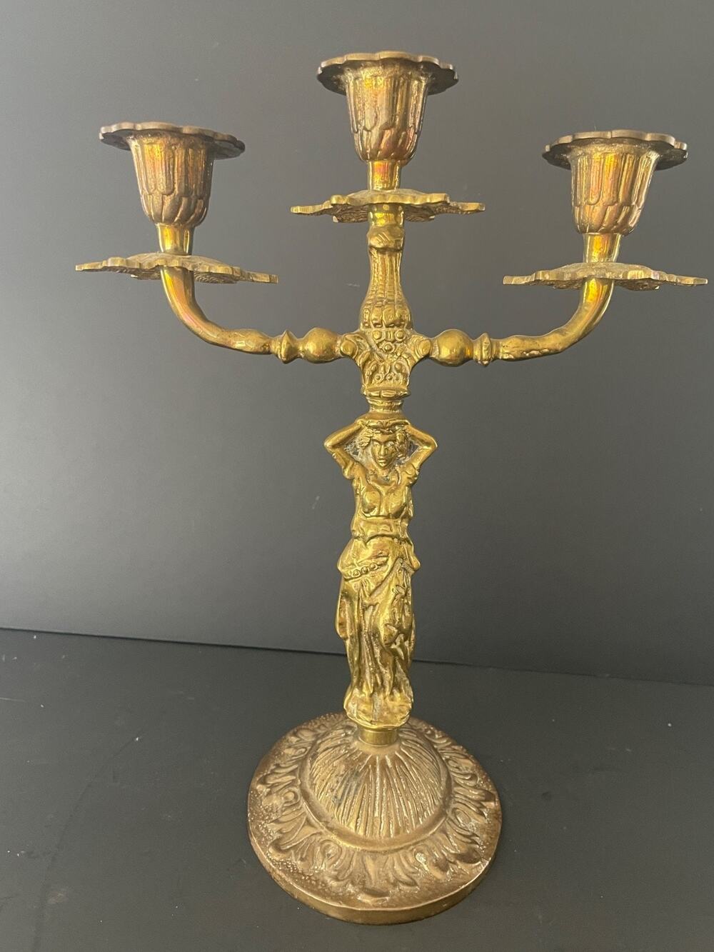 Vintage Brass Figural 3 Arm Candelabra Female Caryatid Greek Goddess Mid Century
